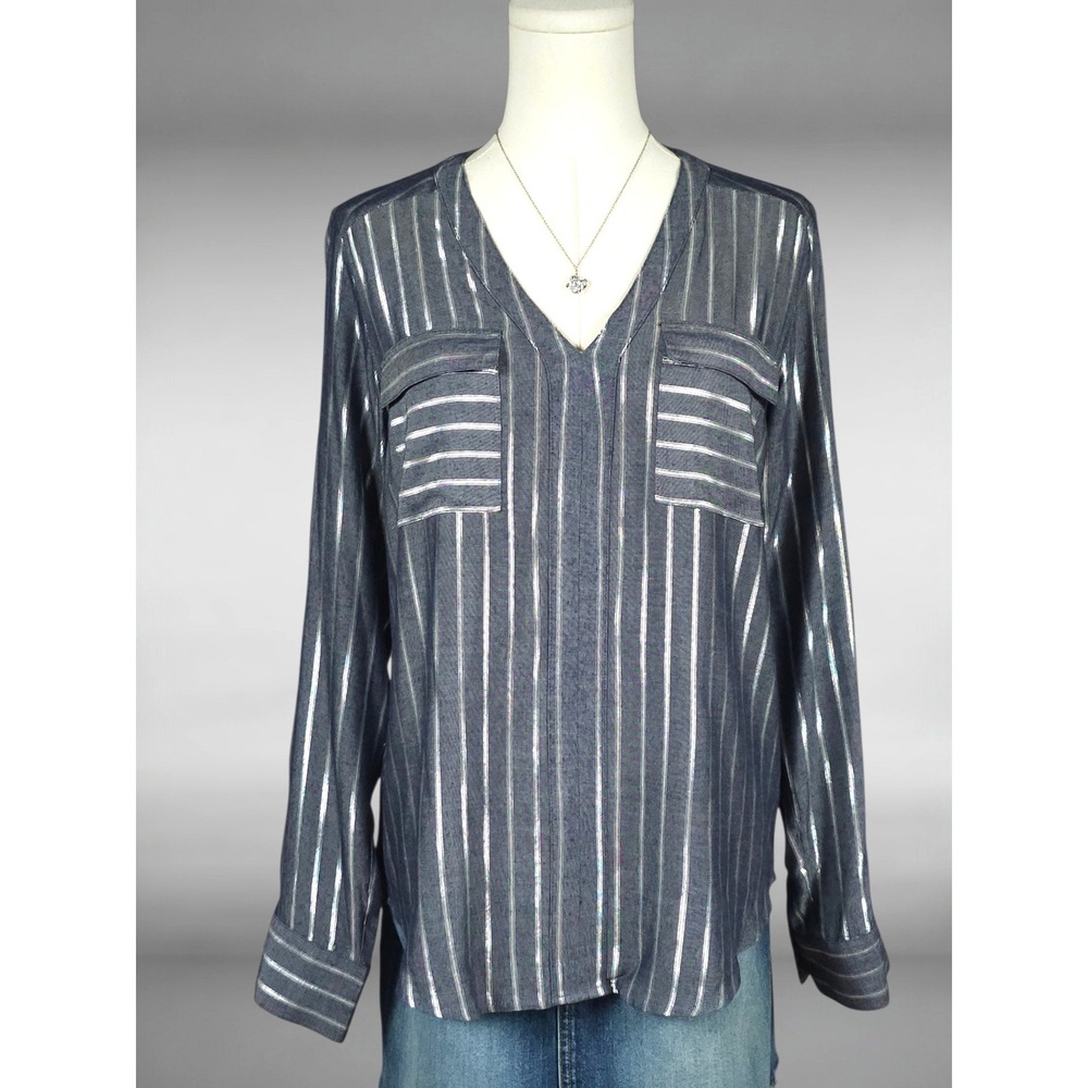 Indie Sleek Metallic Stripe Rayon Popover Blouse Tab Sleeve Gray Silver S